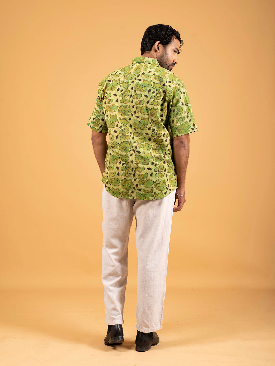 Mens Green Printed Half-Sleeve Shirt