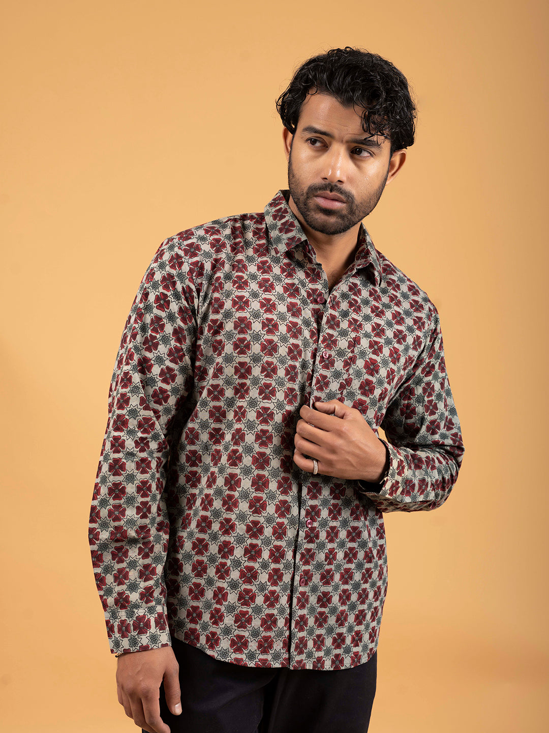 Mens Green Printed Full-Sleeve Cotton Shirt