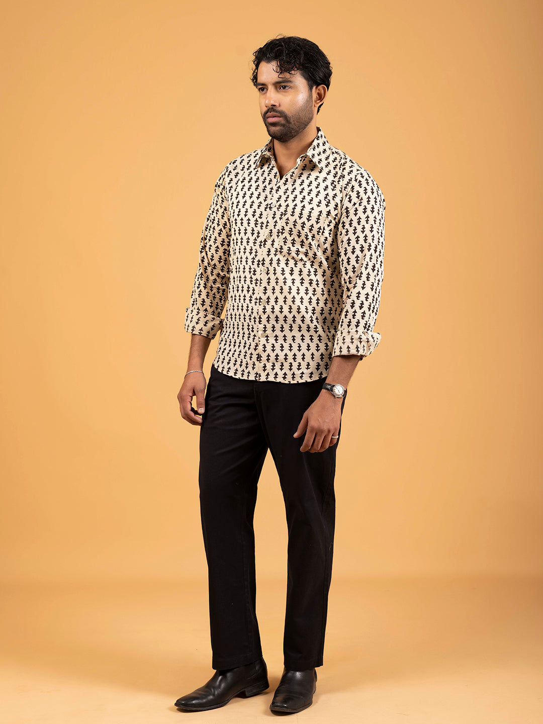 Mens Beige Printed Full-Sleeve Cotton Shirt