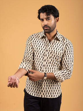 Mens Beige Printed Full-Sleeve Cotton Shirt