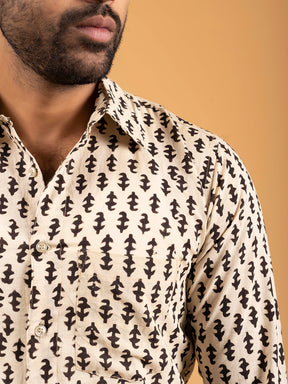 Mens Beige Printed Full-Sleeve Cotton Shirt