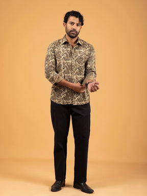 Mens Brown Printed Full-Sleeve Cotton Shirt