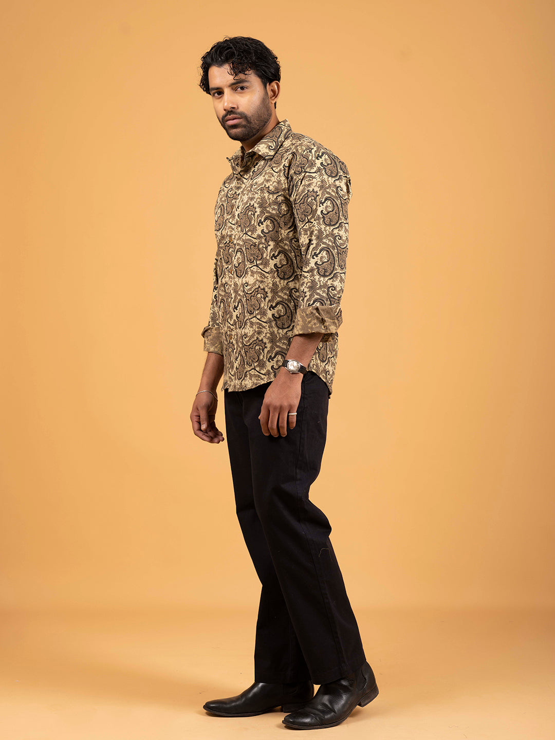 Mens Brown Printed Full-Sleeve Cotton Shirt