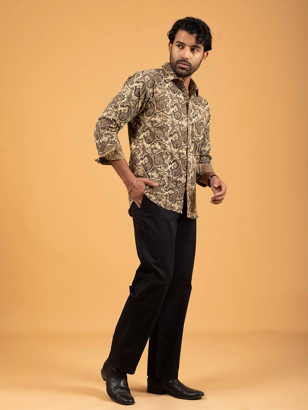 Mens Brown Printed Full-Sleeve Cotton Shirt