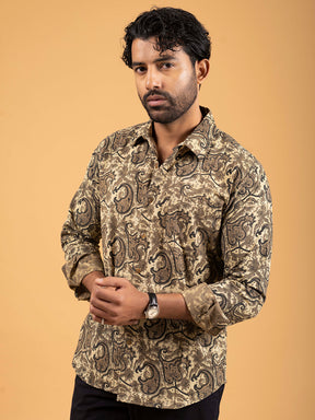 Mens Brown Printed Full-Sleeve Cotton Shirt