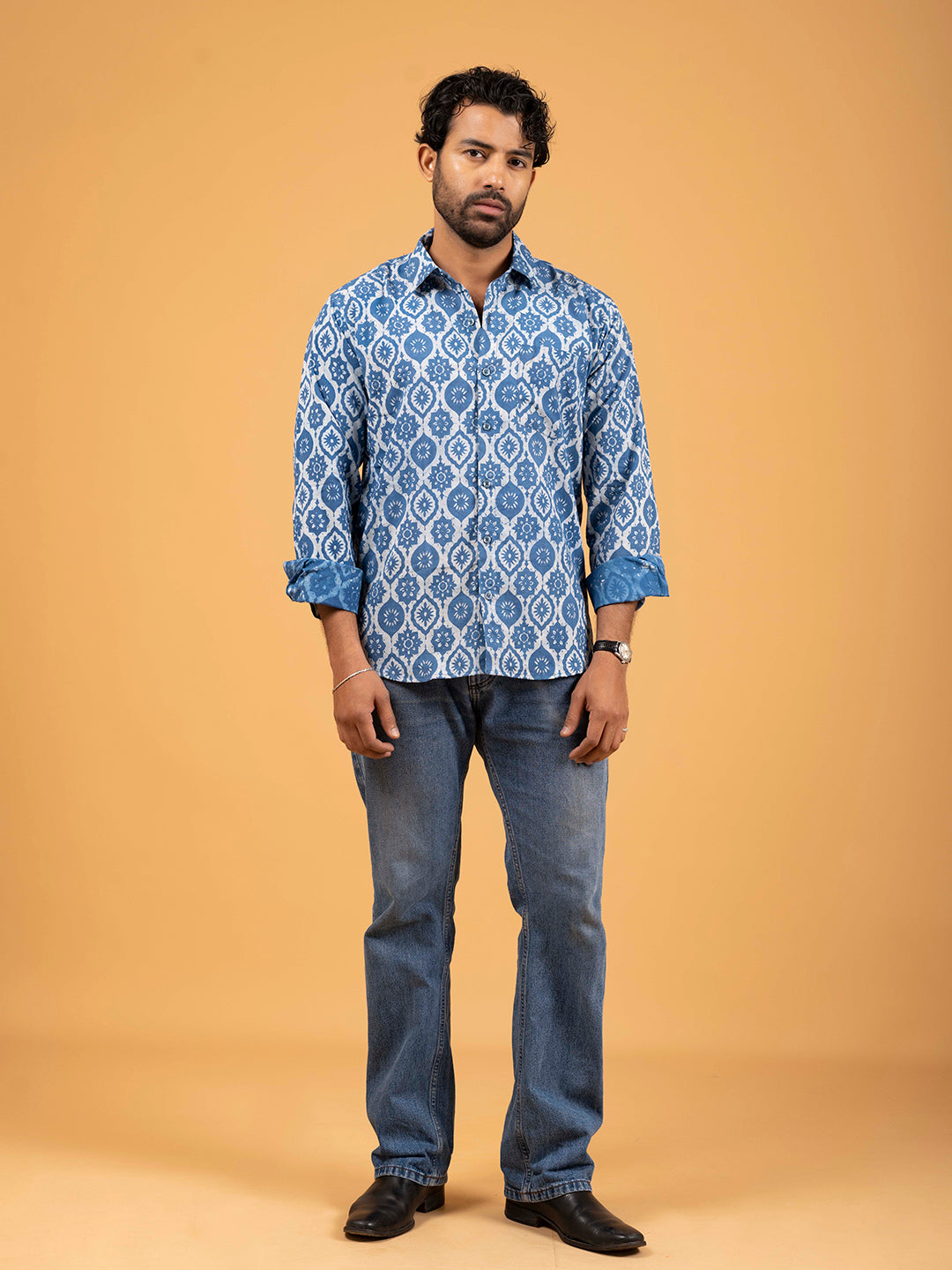 Mens Light Blue Printed Full-Sleeve Cotton Shirt