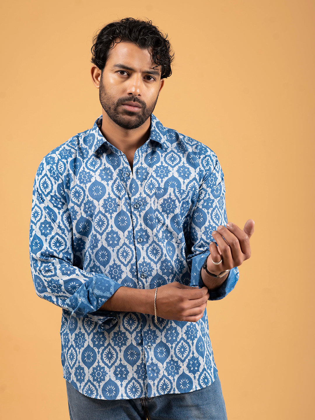 Mens Light Blue Printed Full-Sleeve Cotton Shirt