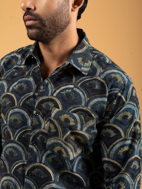 Mens Dark Blue Printed Full-Sleeve Cotton Shirt