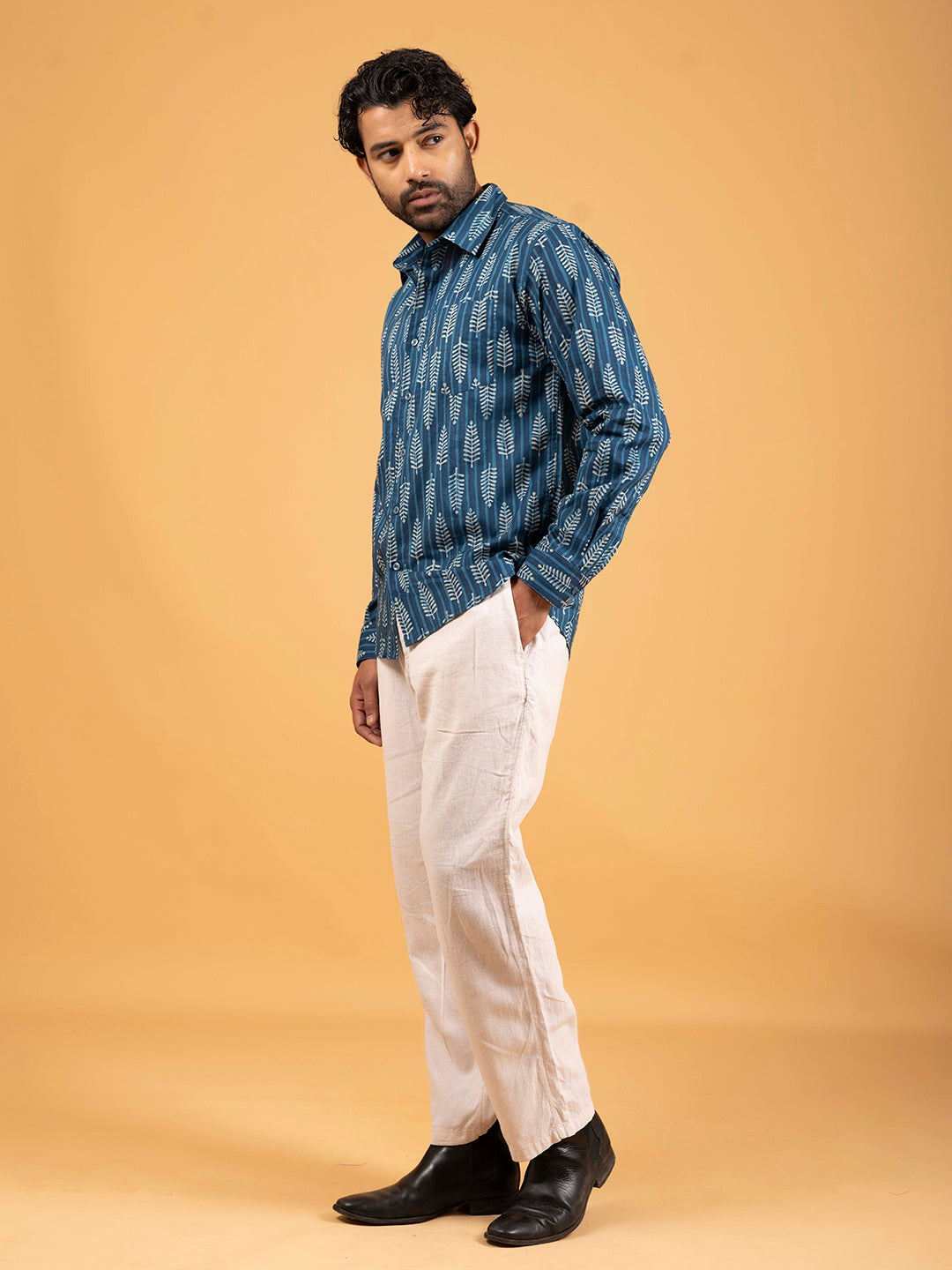 Mens Blue Printed Full-Sleeve Cotton Shirt