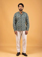 Mens Blue Printed Mandarin Collar Full-Sleeve Shirt