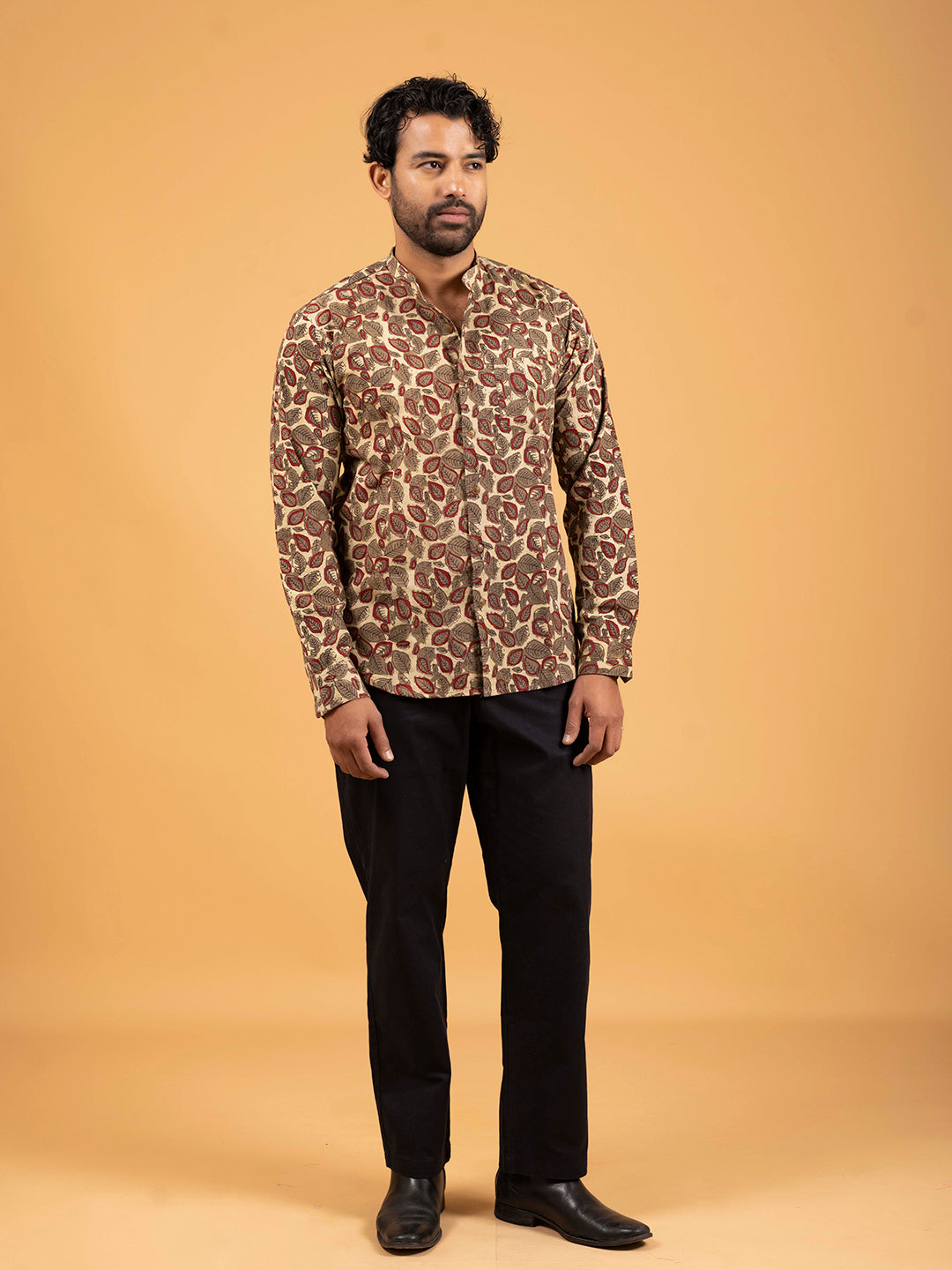 Mens Brown Printed Mandarin Collar Full-Sleeve Shirt