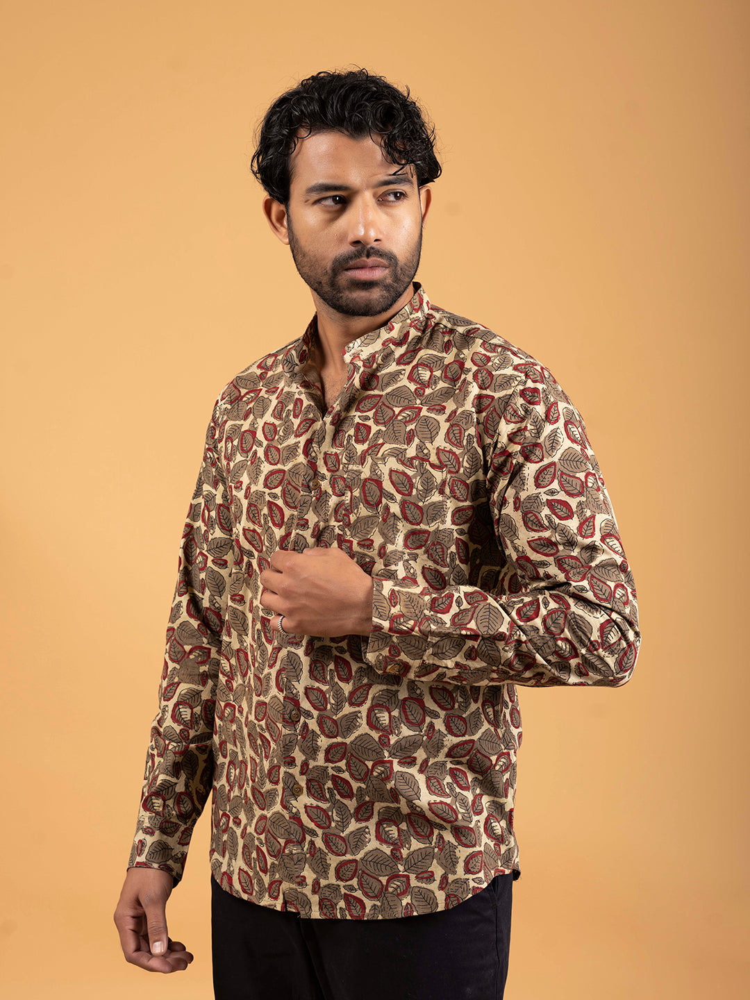 Mens Brown Printed Mandarin Collar Full-Sleeve Shirt