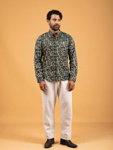 Mens Blue Printed Mandarin Collar Full-Sleeve Shirt