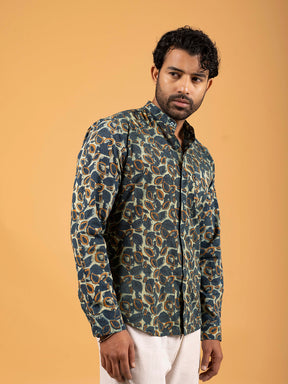 Mens Blue Printed Mandarin Collar Full-Sleeve Shirt