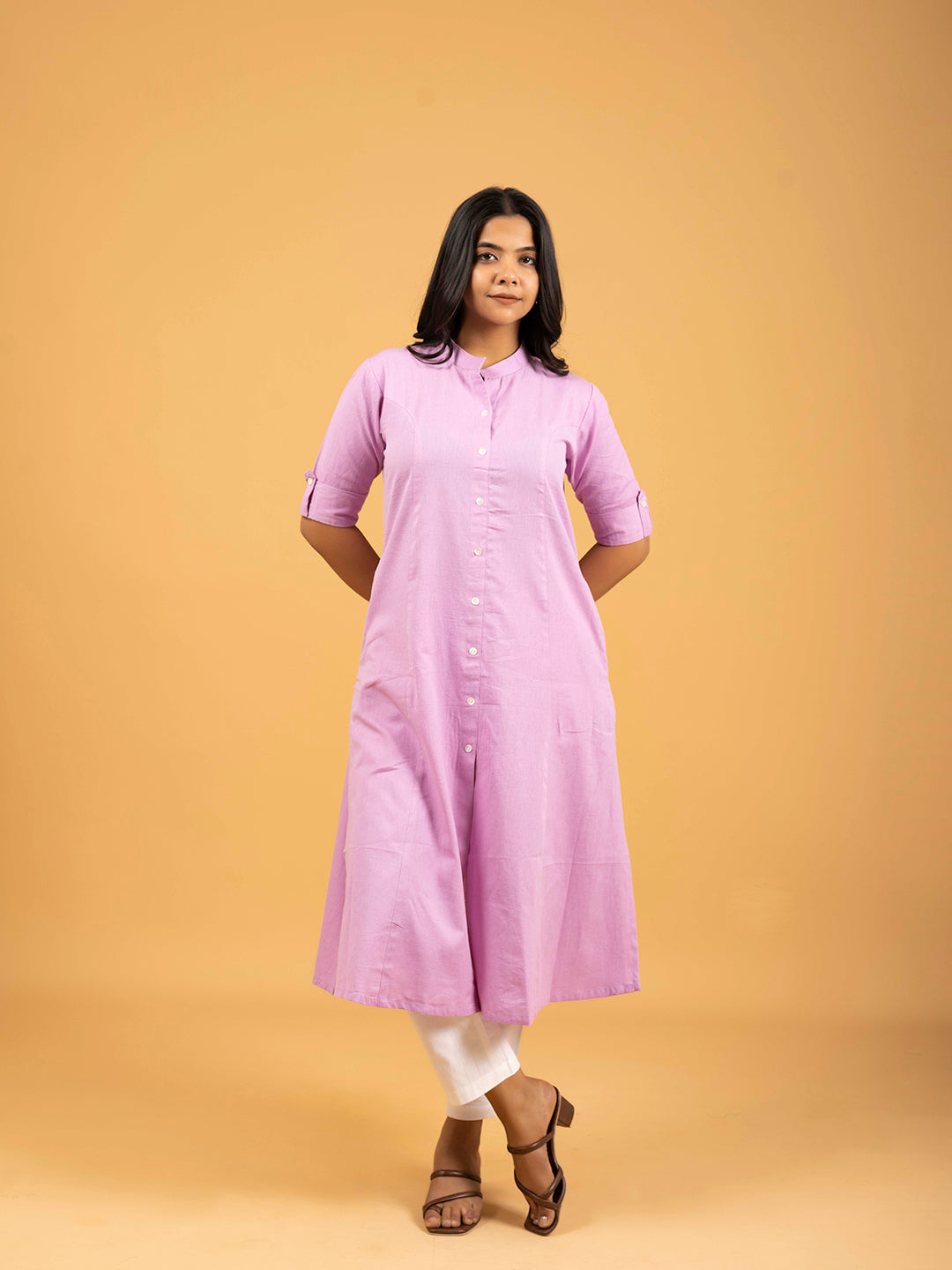 Lavender A-Line Front Slit Plain Cotton Kurti