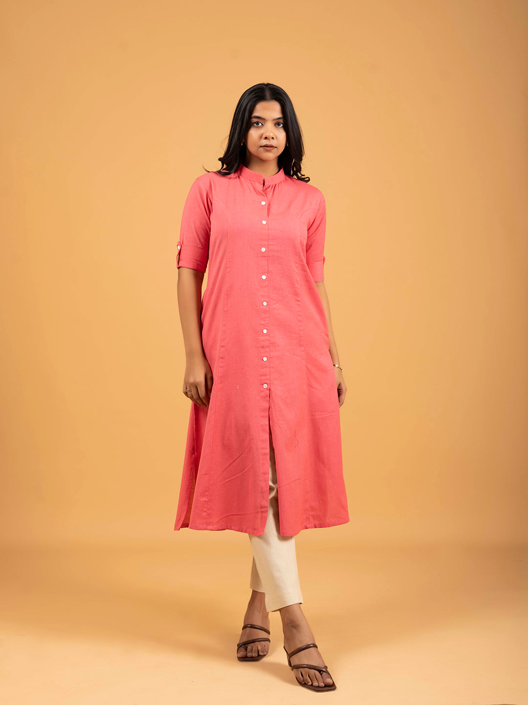 Reddish Pink A-Line Front Slit Plain Cotton Kurti