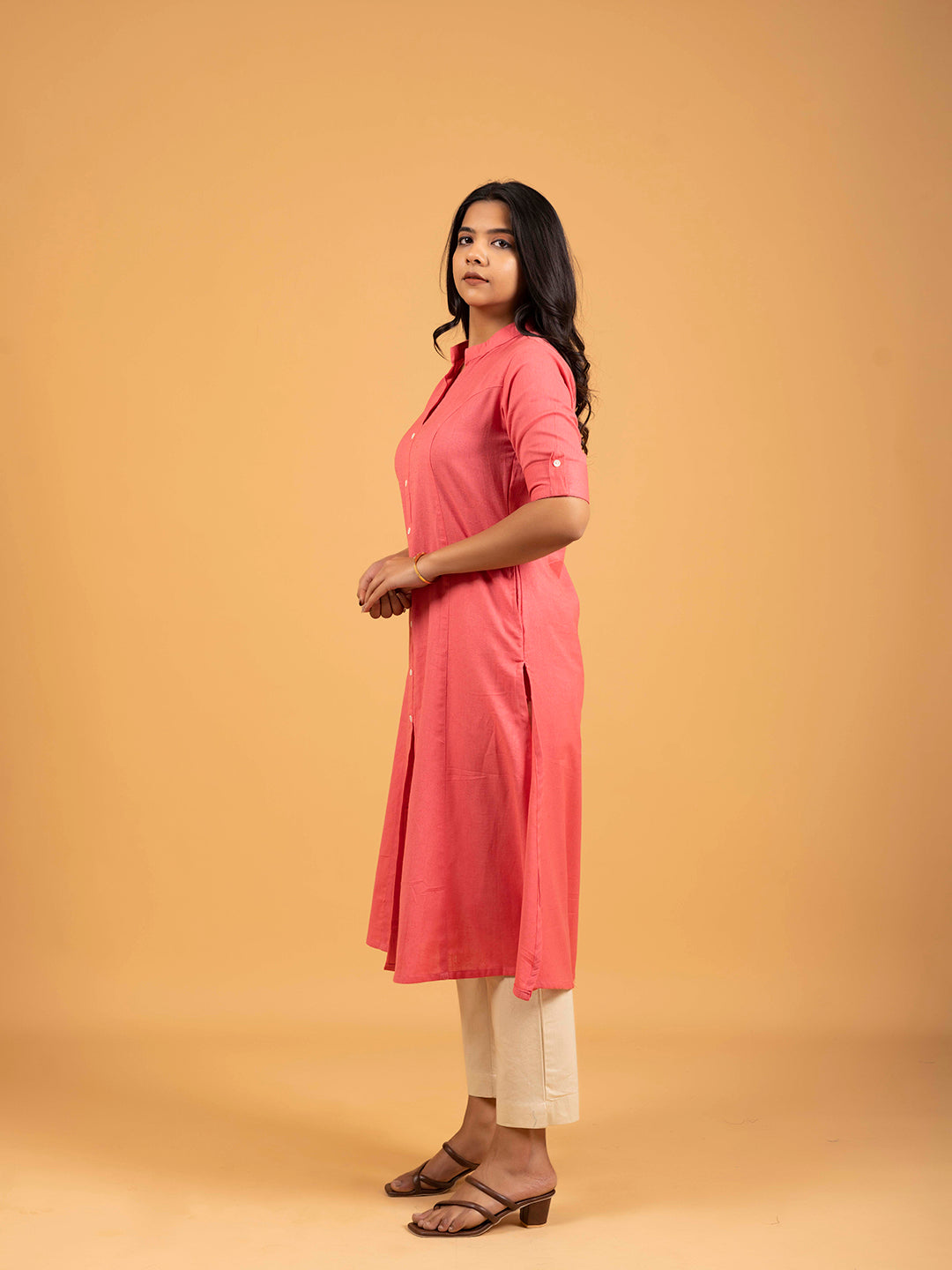 Reddish Pink A-Line Front Slit Plain Cotton Kurti