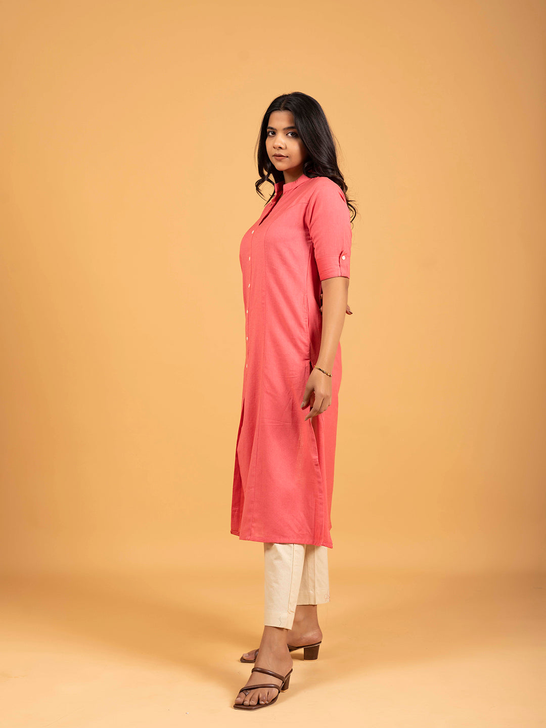 Reddish Pink A-Line Front Slit Plain Cotton Kurti