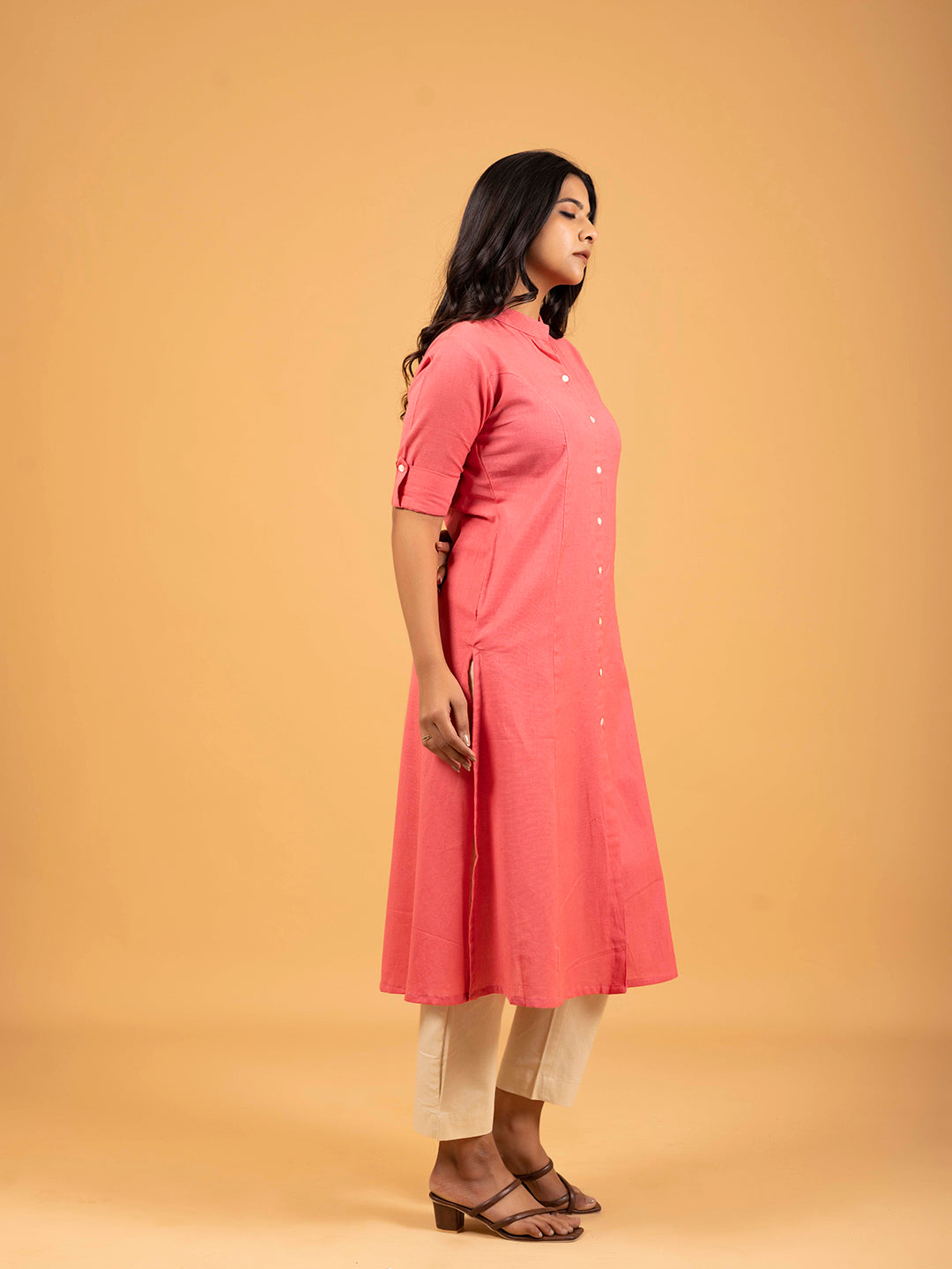 Reddish Pink A-Line Front Slit Plain Cotton Kurti