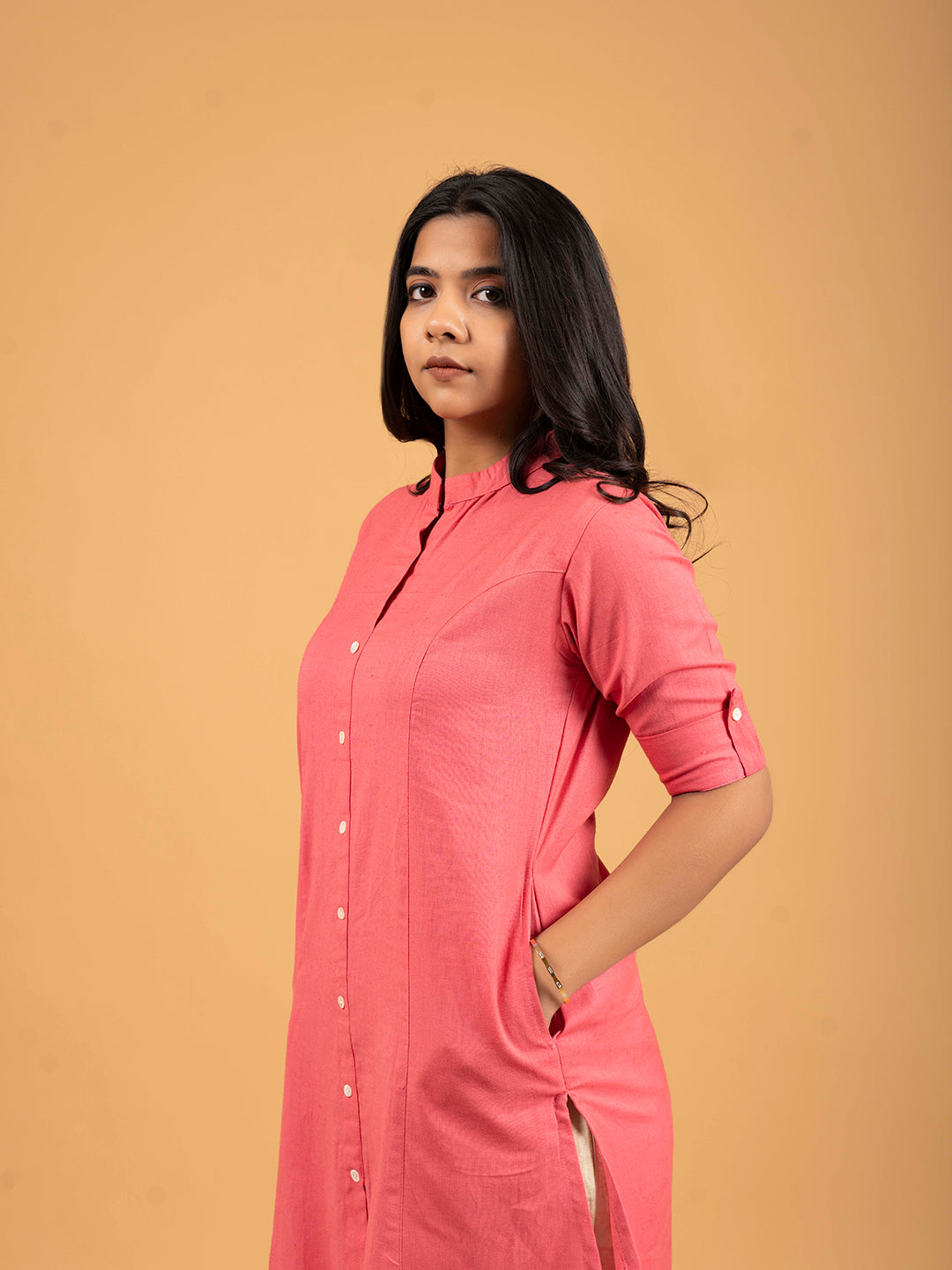 Reddish Pink A-Line Front Slit Plain Cotton Kurti