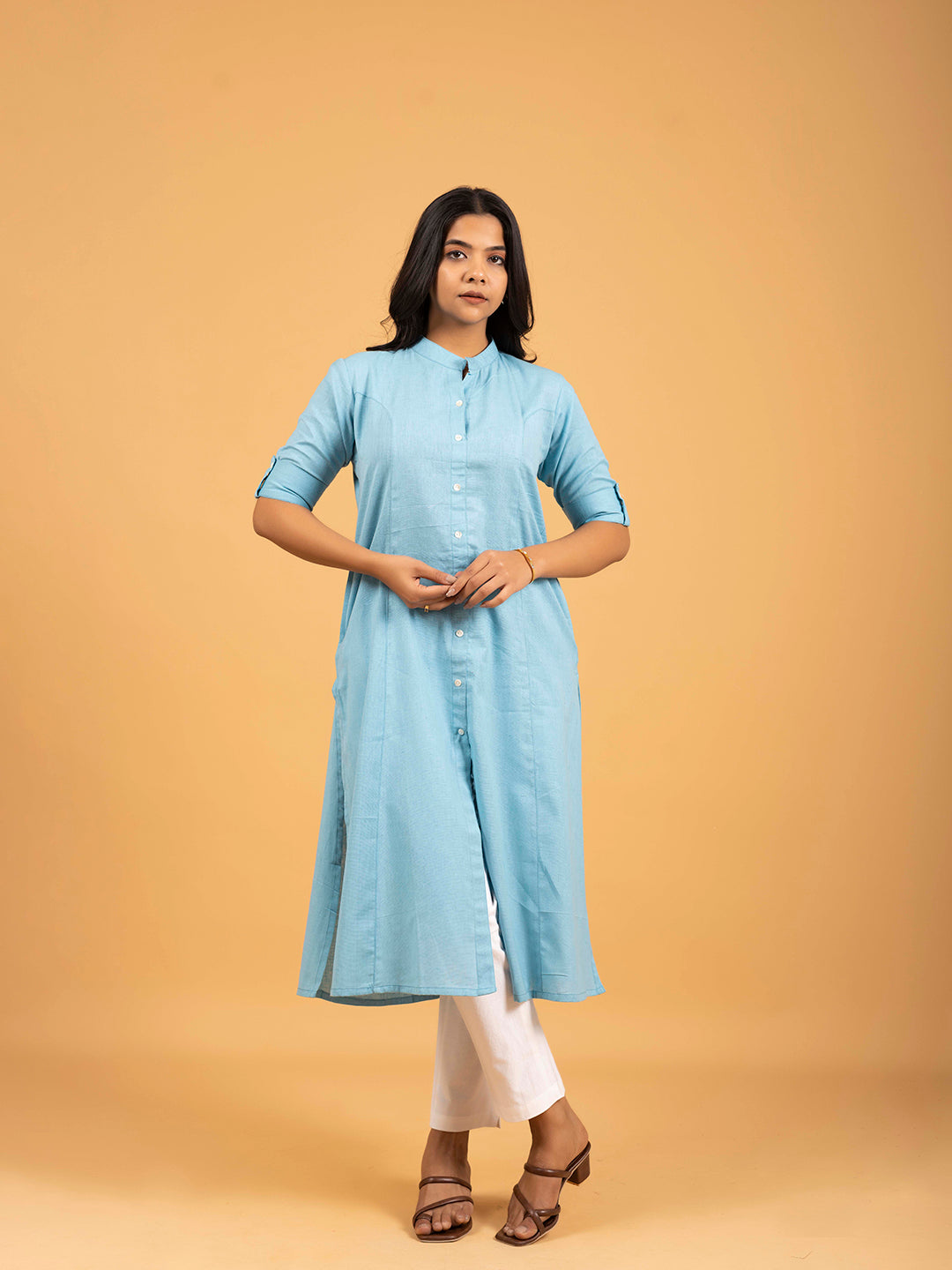 Sky Blue A-Line Front Slit Plain Cotton Kurti