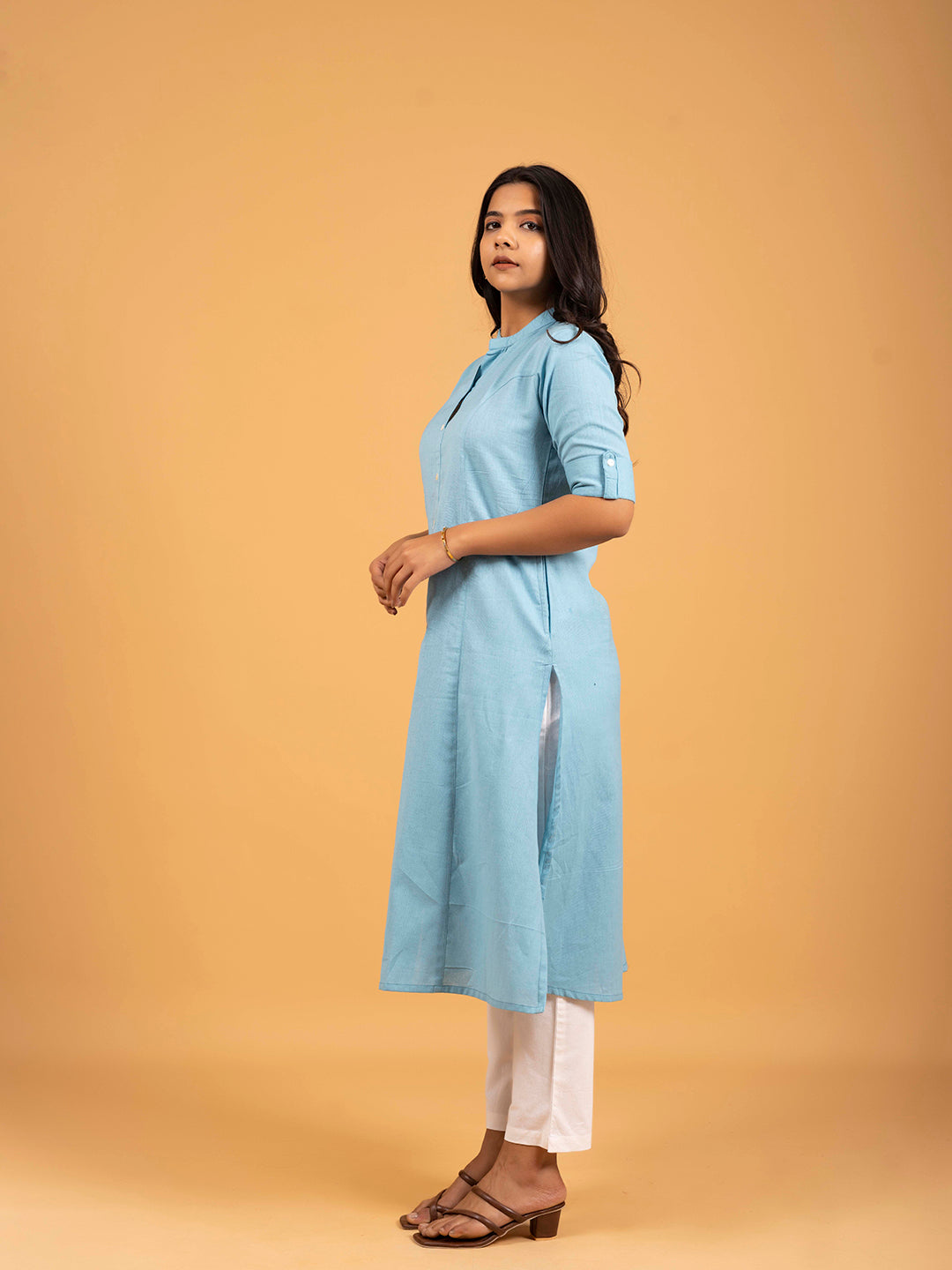 Sky Blue A-Line Front Slit Plain Cotton Kurti