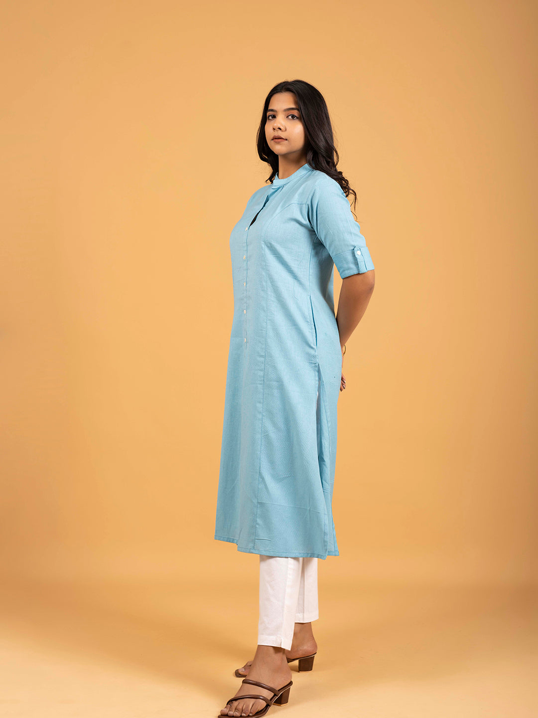 Sky Blue A-Line Front Slit Plain Cotton Kurti