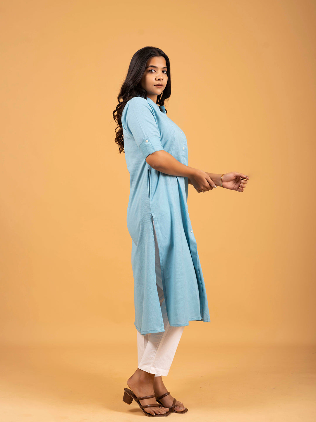 Sky Blue A-Line Front Slit Plain Cotton Kurti