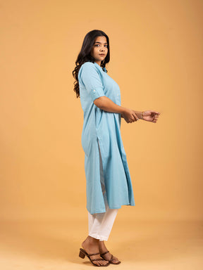 Sky Blue A-Line Front Slit Plain Cotton Kurti