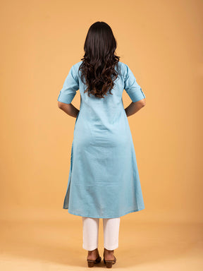 Sky Blue A-Line Front Slit Plain Cotton Kurti