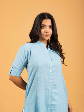 Sky Blue A-Line Front Slit Plain Cotton Kurti