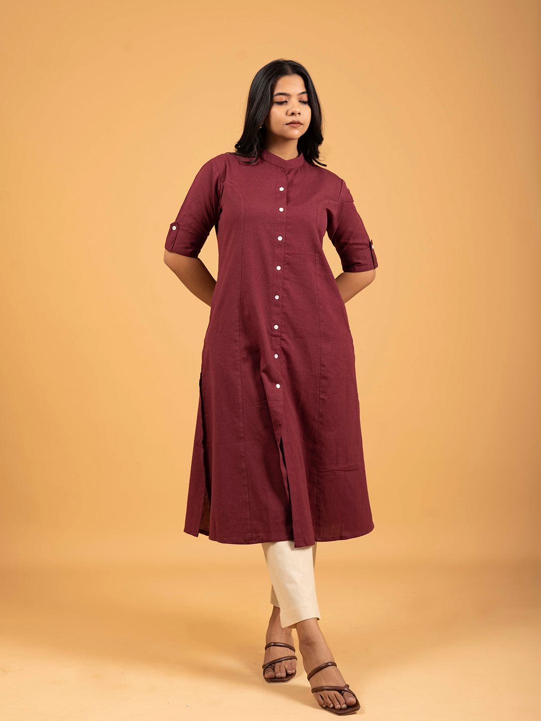 Maroon A-Line Front Slit Plain Cotton Kurti