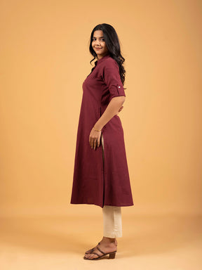 Maroon A-Line Front Slit Plain Cotton Kurti