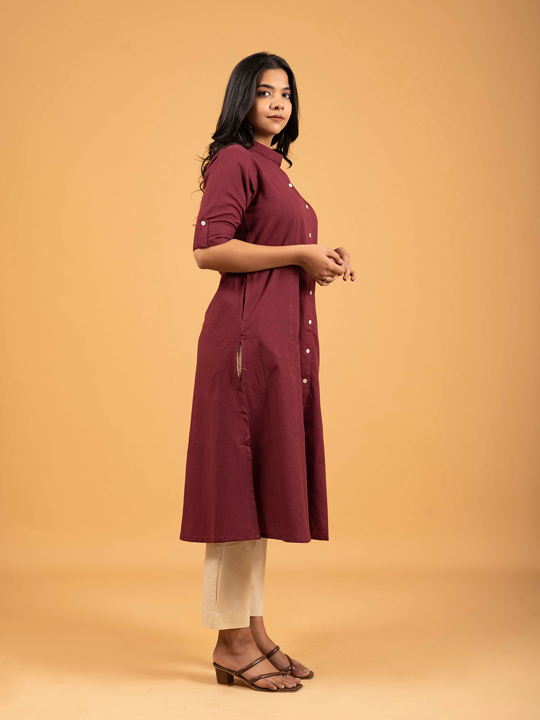 Maroon A-Line Front Slit Plain Cotton Kurti