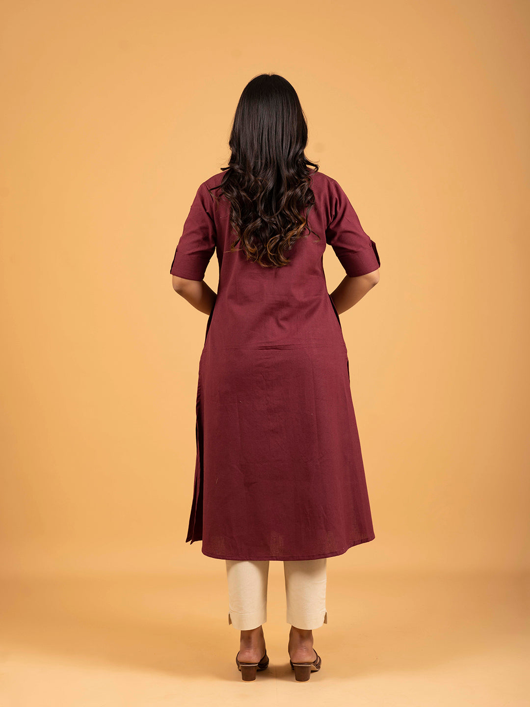 Maroon A-Line Front Slit Plain Cotton Kurti