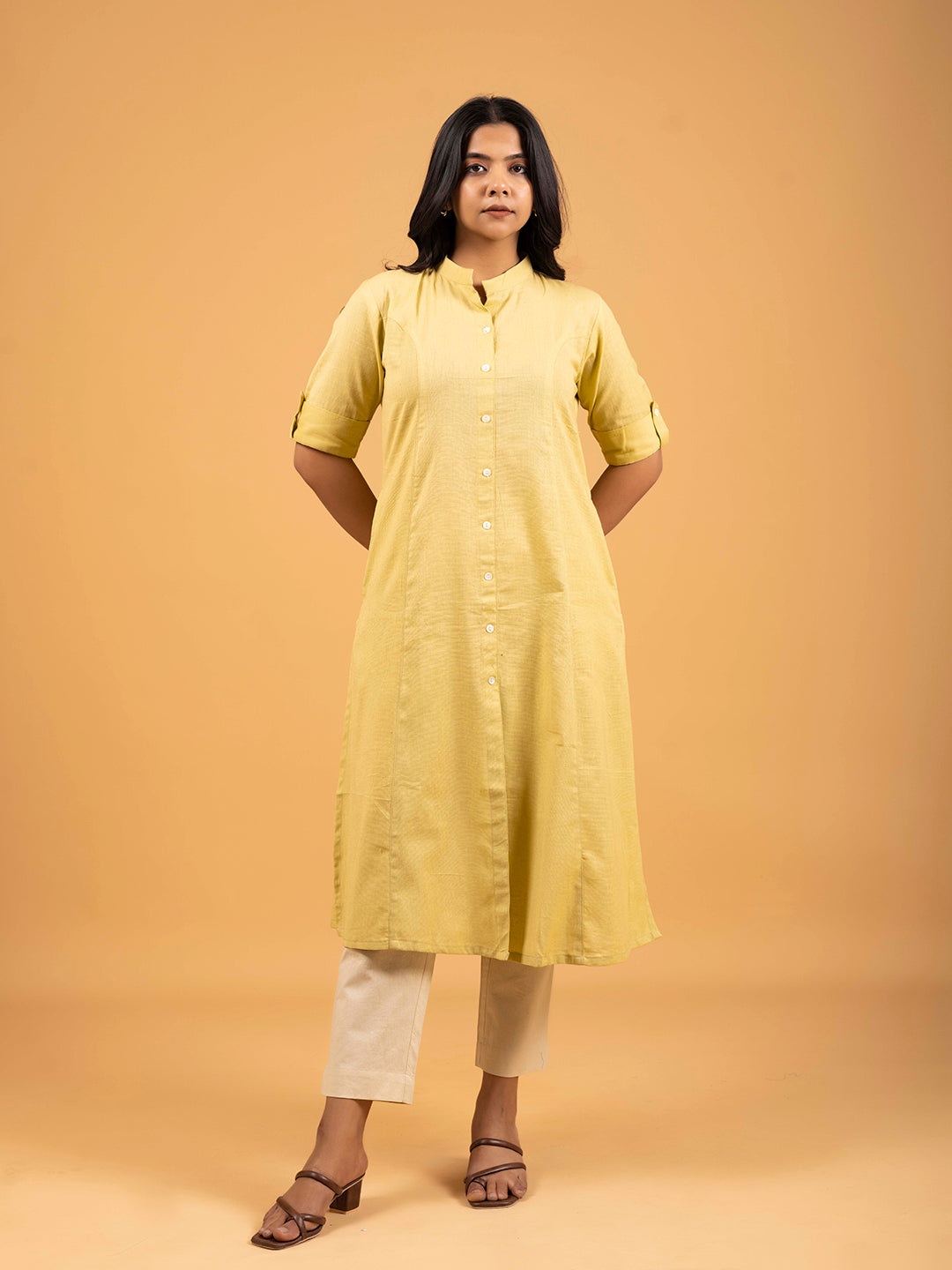 Cream A-Line Front Slit Plain Cotton Kurti