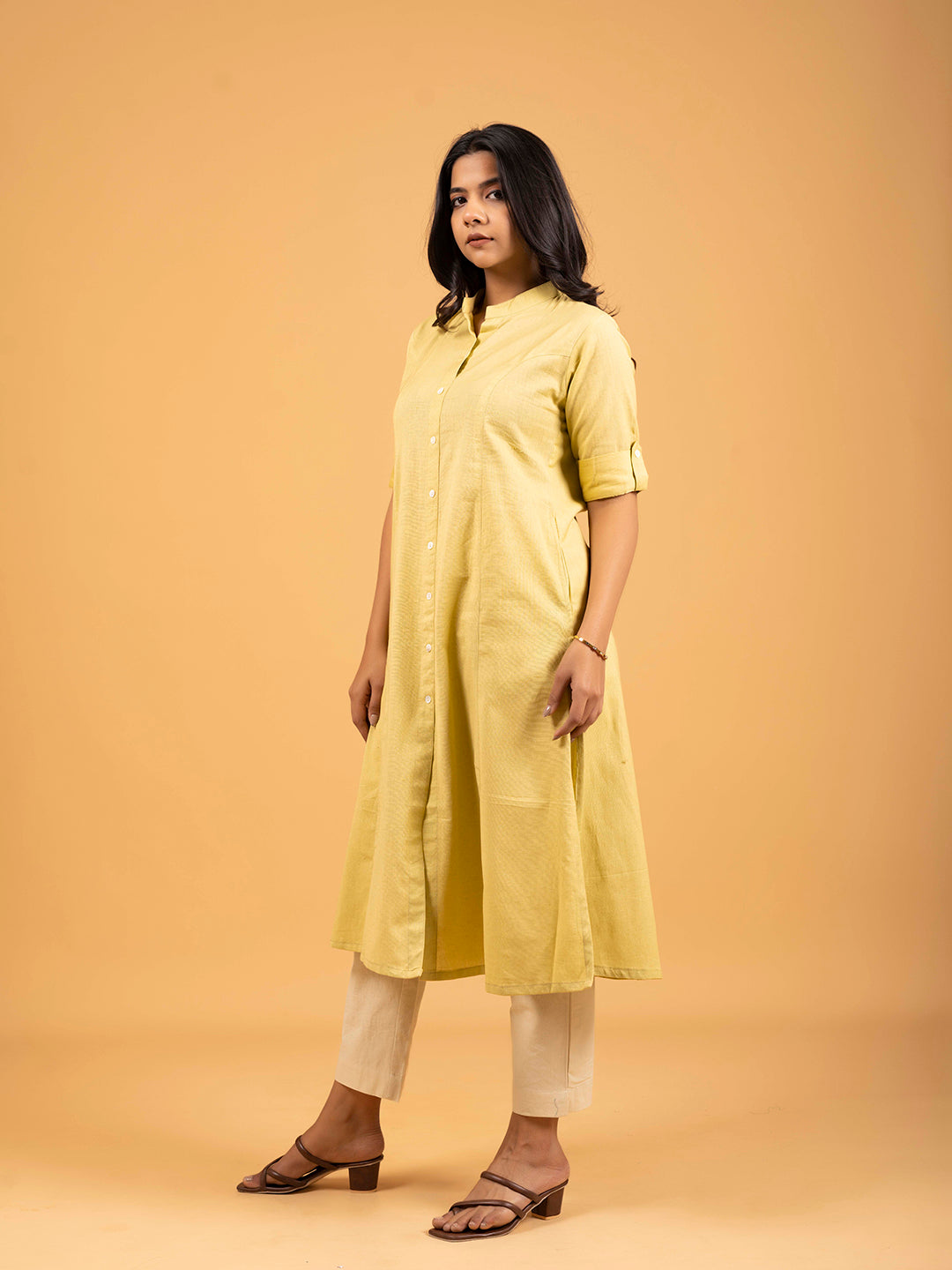 Cream A-Line Front Slit Plain Cotton Kurti