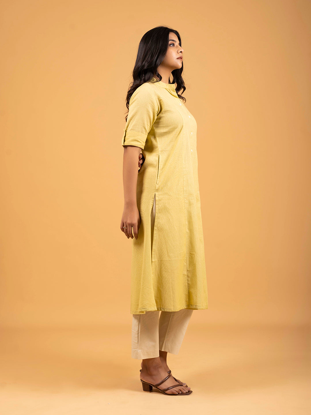 Cream A-Line Front Slit Plain Cotton Kurti