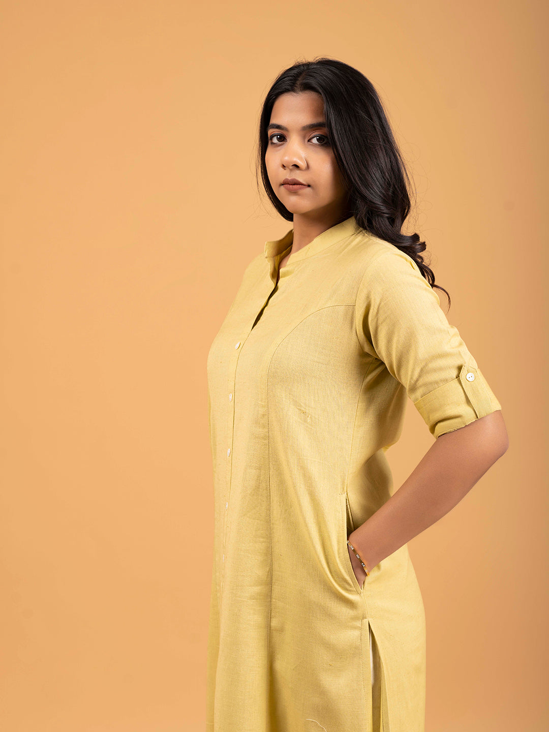 Cream A-Line Front Slit Plain Cotton Kurti