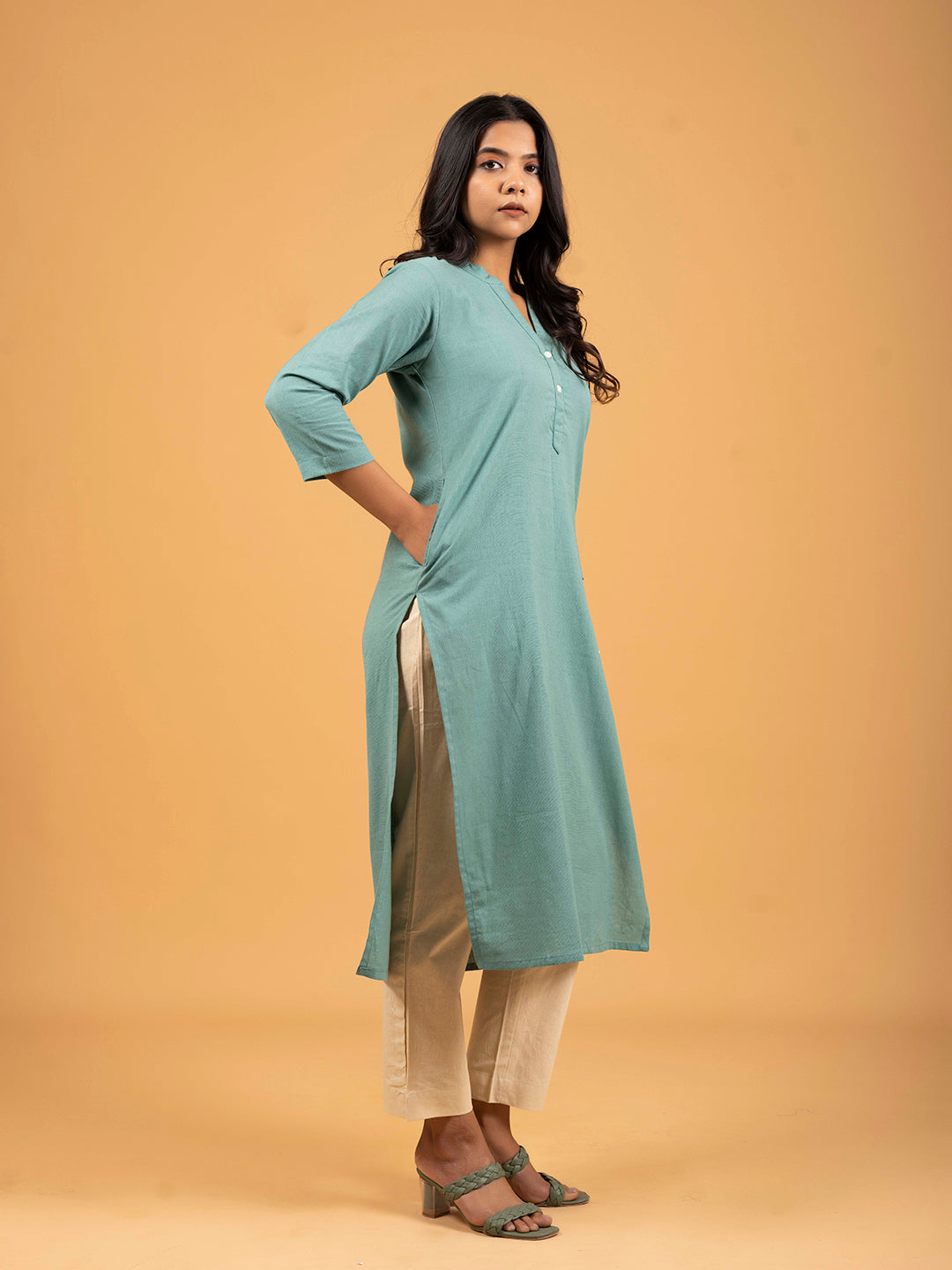 Hunter Green Straight Plain Cotton Kurti