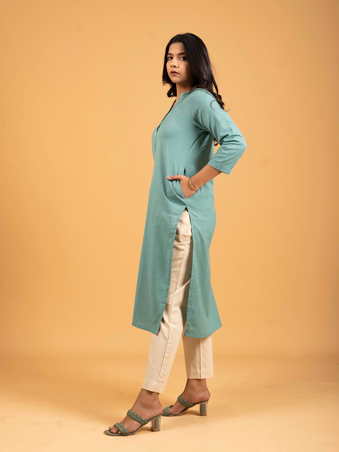 Hunter Green Straight Plain Cotton Kurti