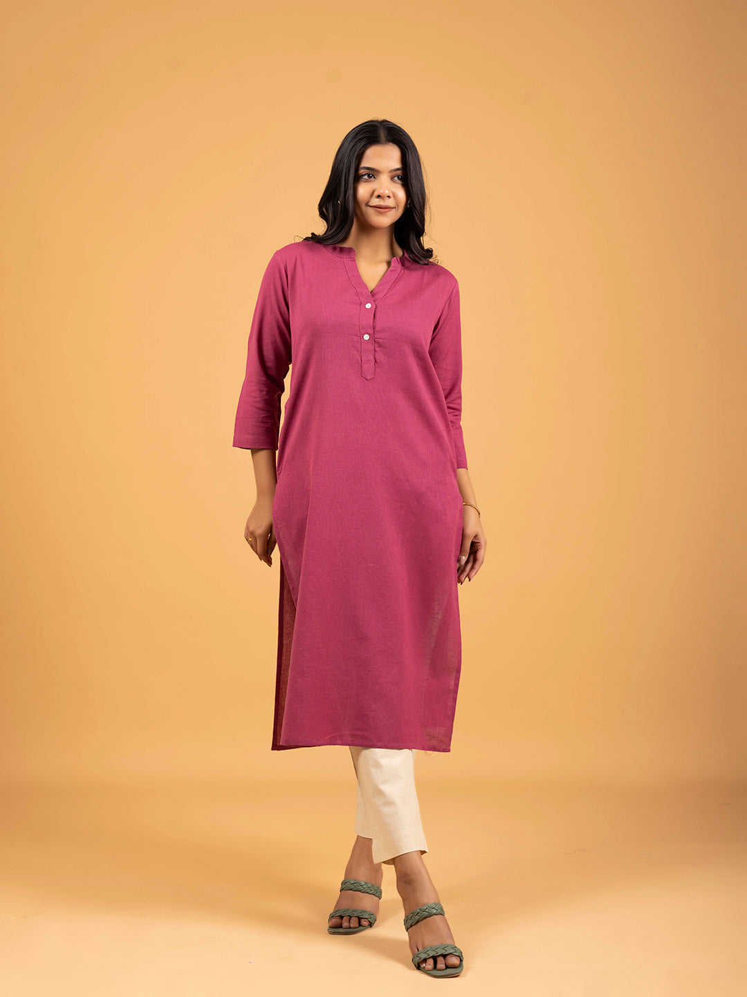 Pink Straight Plain Cotton Kurti