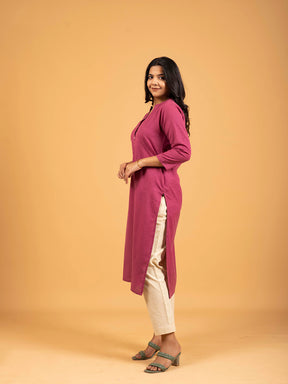 Pink Straight Plain Cotton Kurti