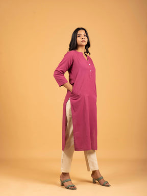 Pink Straight Plain Cotton Kurti