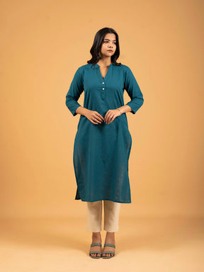 Teal Green Straight Plain Cotton Kurti