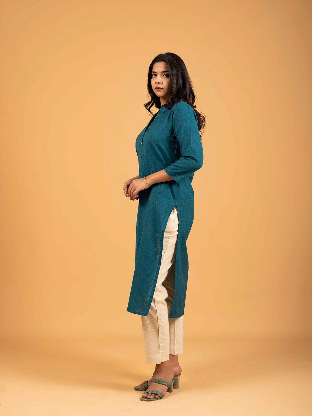 Teal Green Straight Plain Cotton Kurti