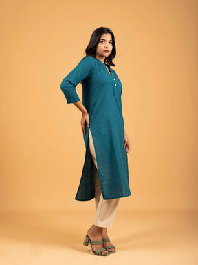 Teal Green Straight Plain Cotton Kurti