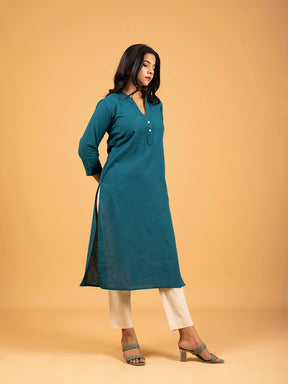 Teal Green Straight Plain Cotton Kurti