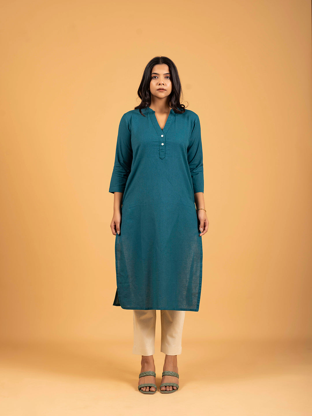 Teal Green Straight Plain Cotton Kurti