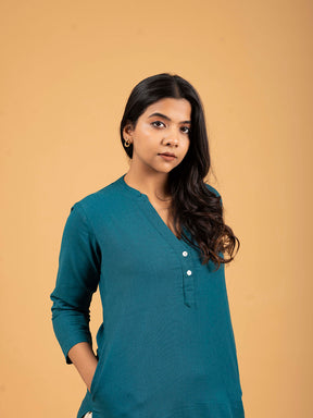 Teal Green Straight Plain Cotton Kurti